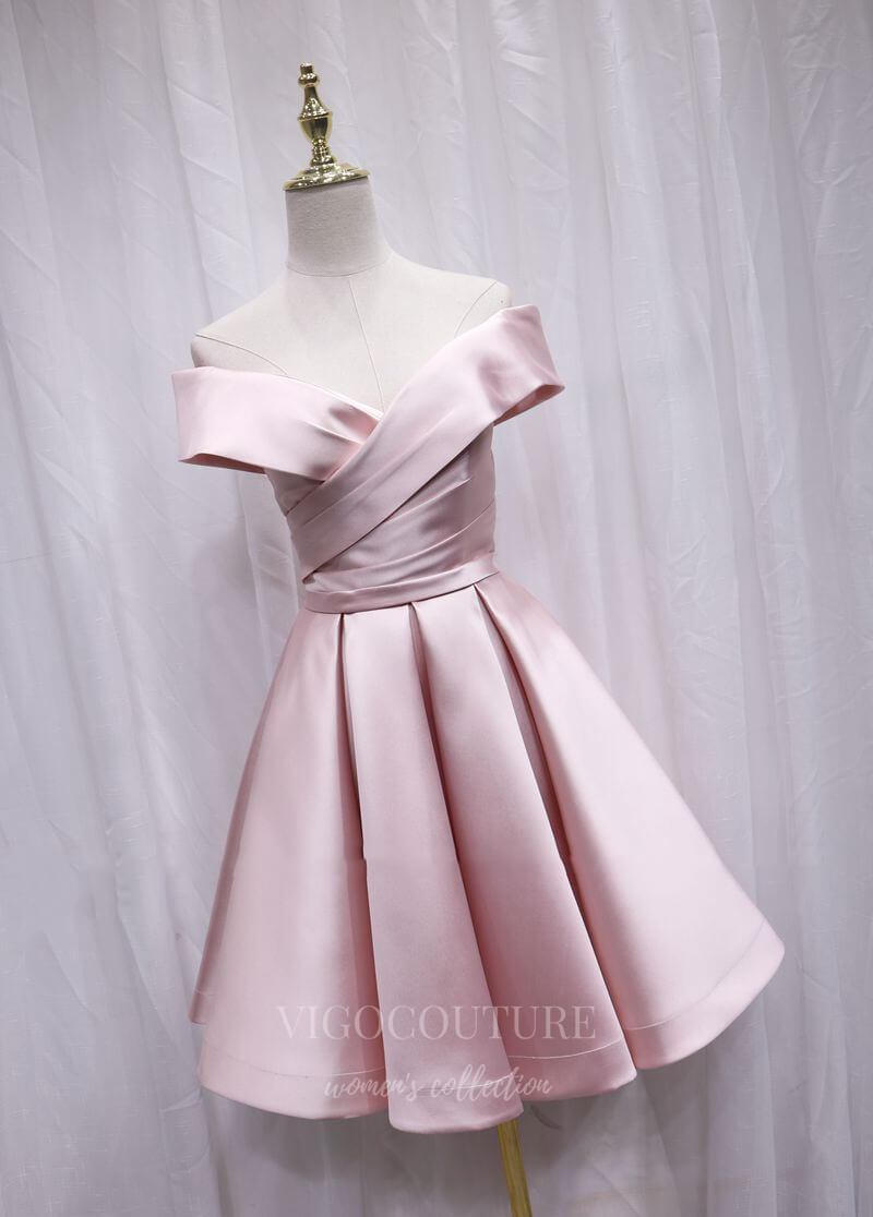 vigocouture-Pink Satin Homecoming Dress Off the Shoulder Hoco Dress hc059-Prom Dresses-vigocouture-