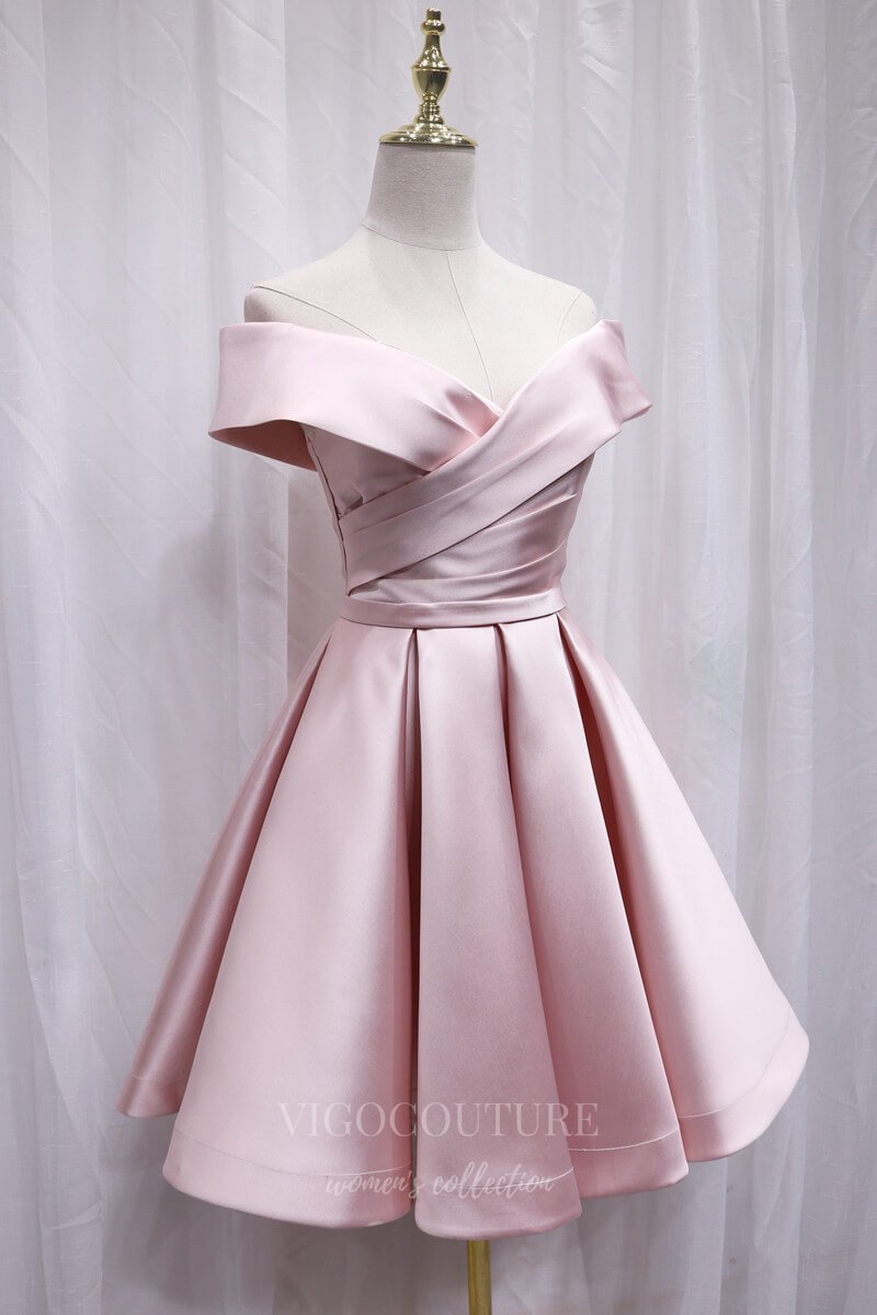 vigocouture-Pink Satin Homecoming Dress Off the Shoulder Hoco Dress hc059-Prom Dresses-vigocouture-