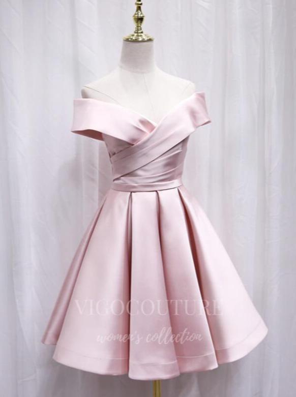 vigocouture-Pink Satin Homecoming Dress Off the Shoulder Hoco Dress hc059-Prom Dresses-vigocouture-Pink-US2-