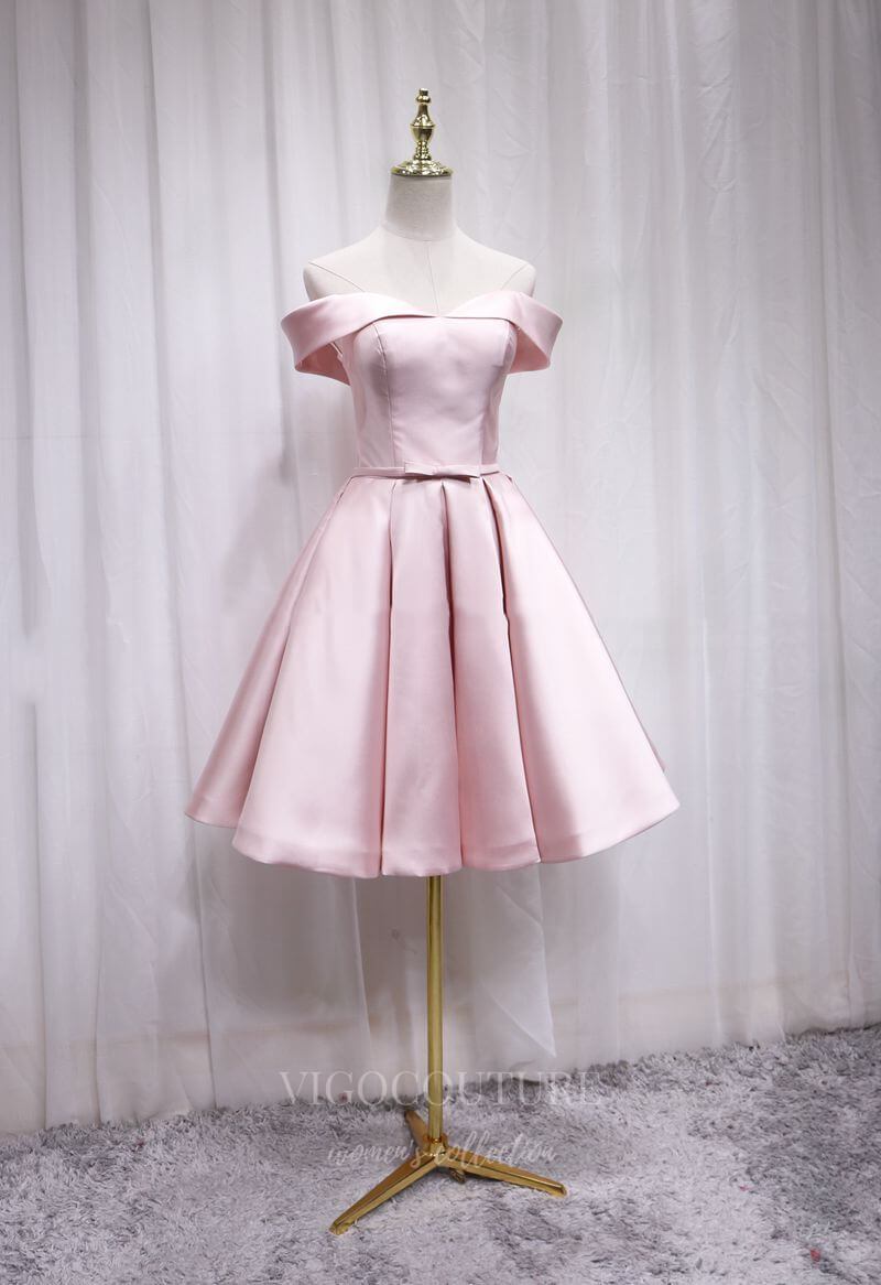 vigocouture-Pink Satin Homecoming Dress Red Off the Shoulder Hoco Dress hc058-Prom Dresses-vigocouture-