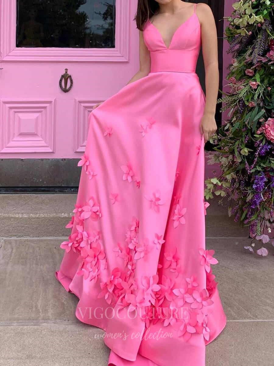 Pink Satin Prom Dresses Floral A-Line Formal Dresses 20599