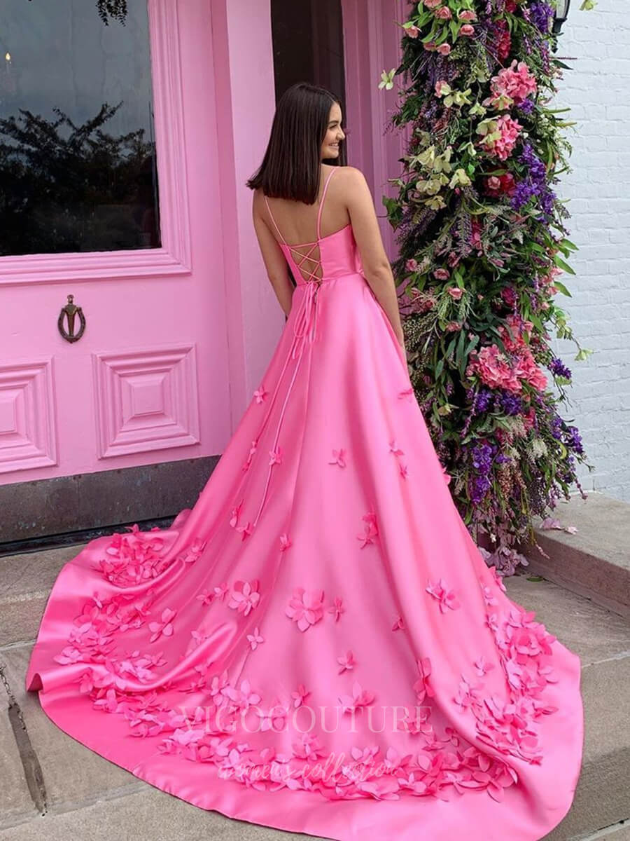 vigocouture-Pink Satin Prom Dresses Floral A-Line Formal Dresses 20599-Prom Dresses-vigocouture-Pink-US2-