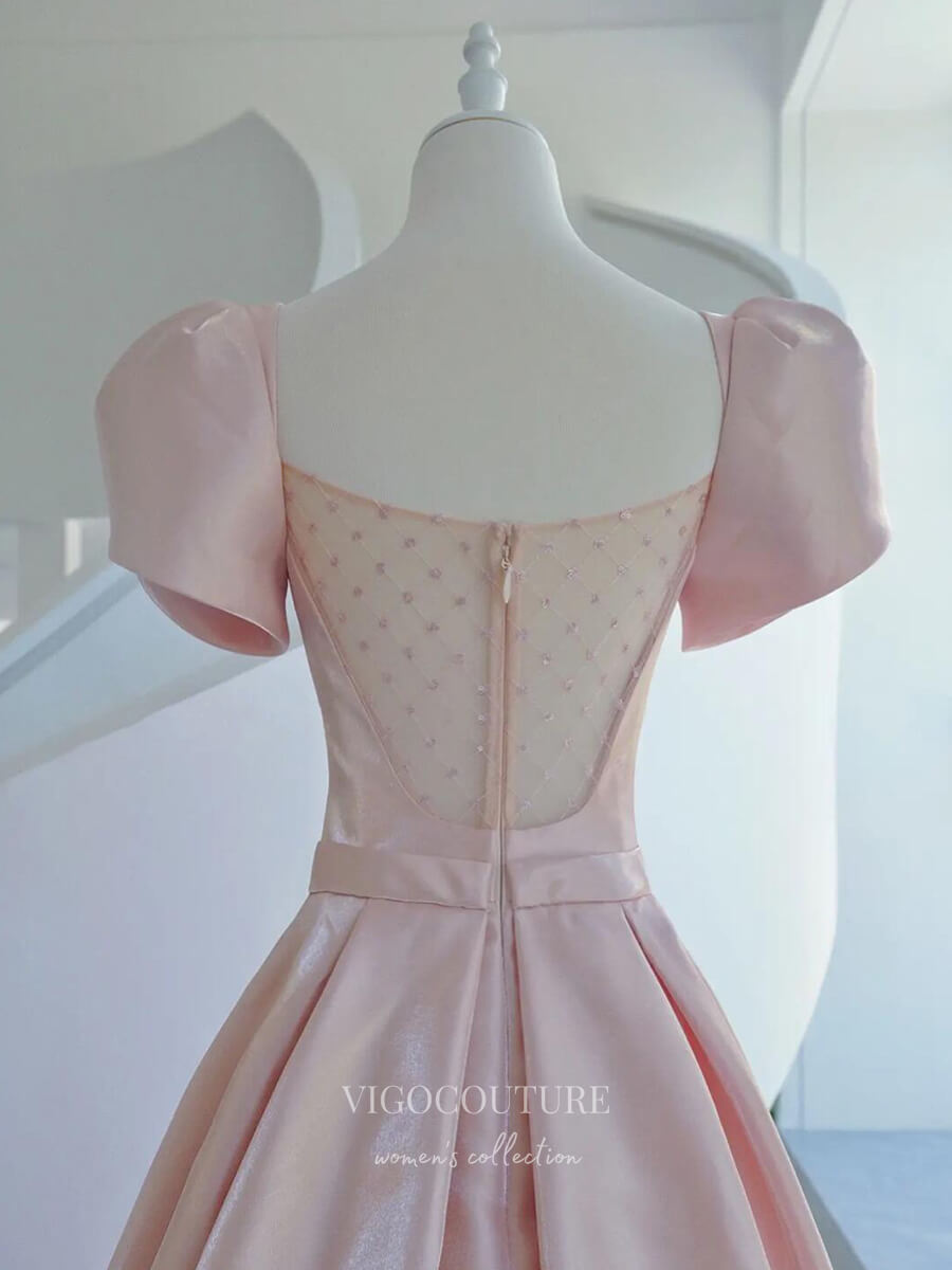 vigocouture-Pink Satin Prom Dresses Puffed Sleeve Formal Dresses 21041-Prom Dresses-vigocouture-