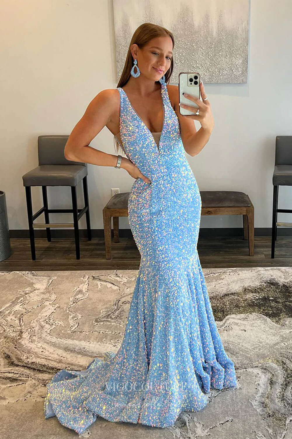 Pink Sequin Mermaid Prom Dresses Plunging V-Neck Evening Dresses 21587-Prom Dresses-vigocouture-Light Blue-US2-vigocouture