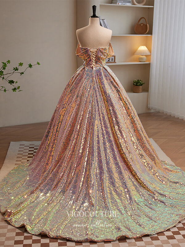 Rose Gold Sequin Off-shoulder Sweetheart Prom Gown - Xdressy