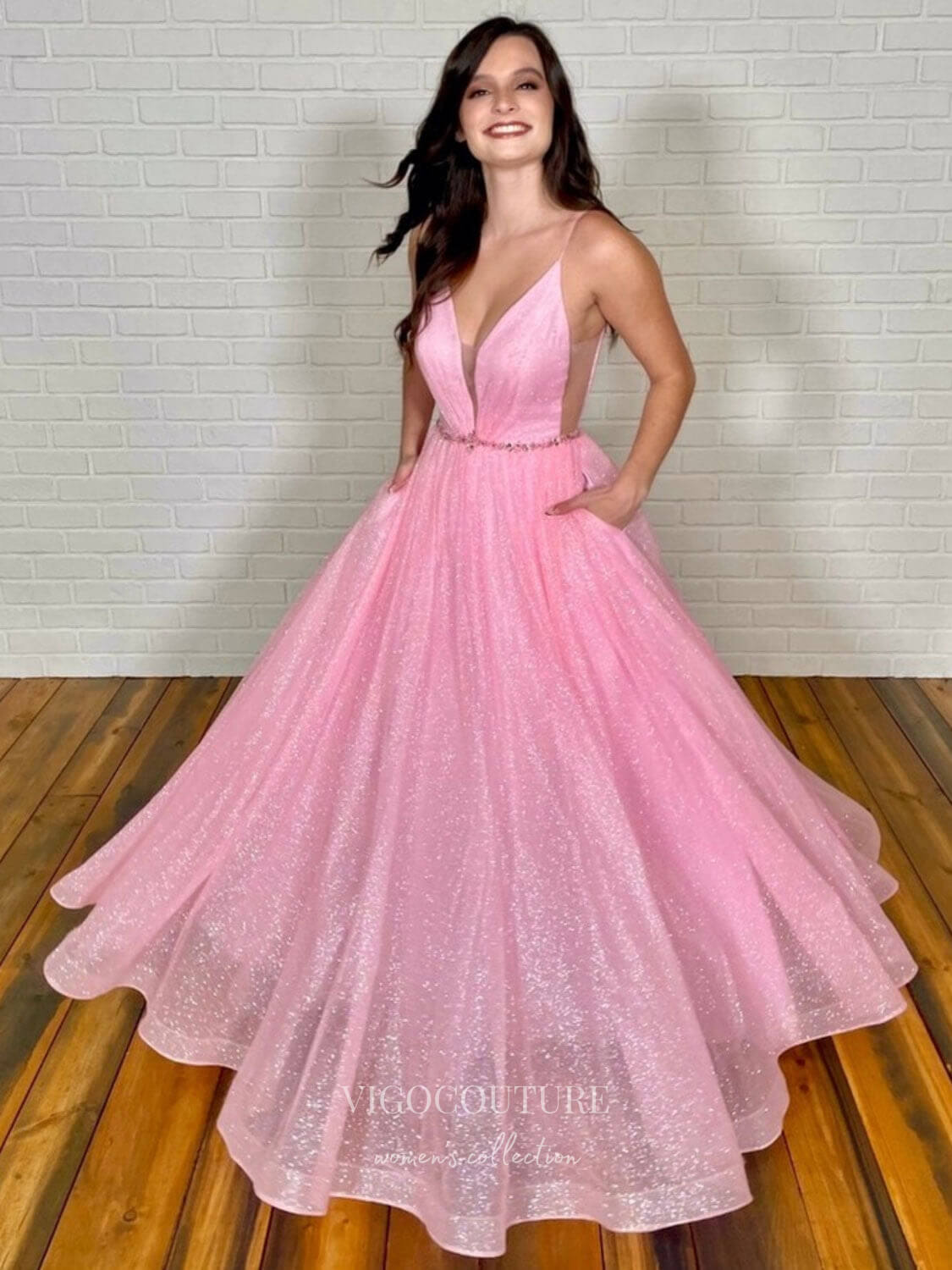 vigocouture-Pink Spaghetti Strap Prom Dresses Sparkly Tulle Evening Dress 21757-Prom Dresses-vigocouture-Pink-US2-