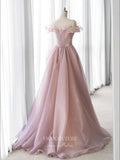 Pink Sparkly Tulle Prom Dresses Off the Shoulder Ruffled Formal Gown 22060-Prom Dresses-vigocouture-Pink-US2-vigocouture