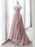 Pink Sparkly Tulle Prom Dresses Off the Shoulder Ruffled Formal Gown 22060-Prom Dresses-vigocouture-Pink-US2-vigocouture