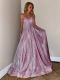 vigocouture-Pink Sparkly Woven Strapless Prom Dress 20941-Prom Dresses-vigocouture-Pink-US2-