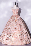 Pink Strapless Floral Jacquard Satin Prom Dress 22313-Prom Dresses-vigocouture-Pink-Custom Size-vigocouture