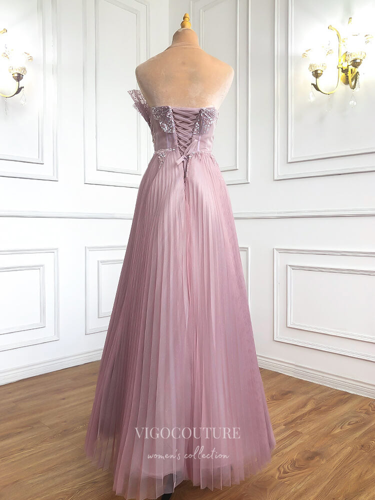 Pink Strapless Prom Dresses Pleated Tulle Evening Dress 22111-Prom Dresses-vigocouture-Pink-US2-vigocouture