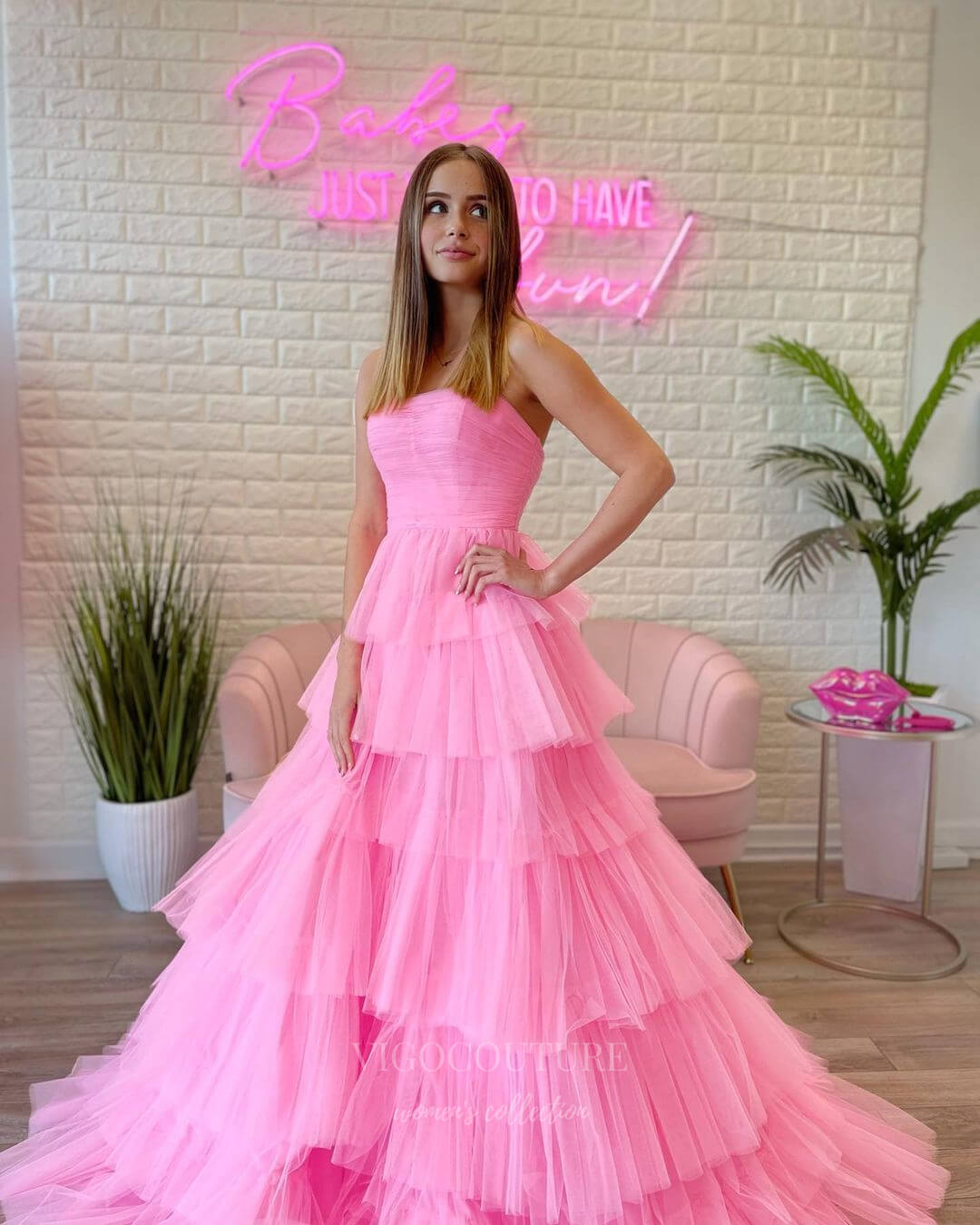 vigocouture-Strapless Pink Tiered Prom Dress 20845-Prom Dresses-vigocouture-Pink-US2-
