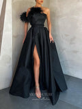 Pink Strapless Prom Dresses With Slit Satin Feather Evening Dress 21809-Prom Dresses-vigocouture-Black-US2-vigocouture