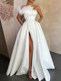 Pink Strapless Prom Dresses With Slit Satin Feather Evening Dress 21809-Prom Dresses-vigocouture-Ivory-US2-vigocouture