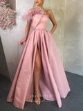 Pink Strapless Prom Dresses With Slit Satin Feather Evening Dress 21809-Prom Dresses-vigocouture-Pink-US2-vigocouture