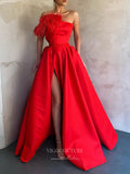 Pink Strapless Prom Dresses With Slit Satin Feather Evening Dress 21809-Prom Dresses-vigocouture-Red-US2-vigocouture