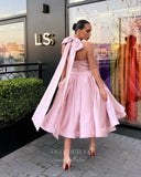 vigocouture-Pink Tea-Length Prom Dresses Halter Neck Satin Homecoming Dress 21807-Prom Dresses-vigocouture-
