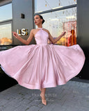 vigocouture-Pink Tea-Length Prom Dresses Halter Neck Satin Homecoming Dress 21807-Prom Dresses-vigocouture-Pink-US2-
