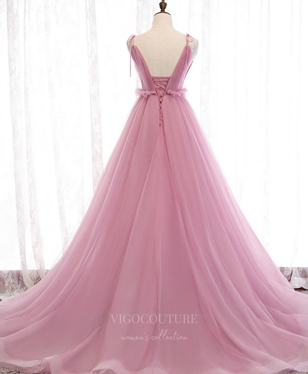 vigocouture-Pink Tulle Spaghetti Strap Plunging V-Neck Prom Dress 20910-Prom Dresses-vigocouture-