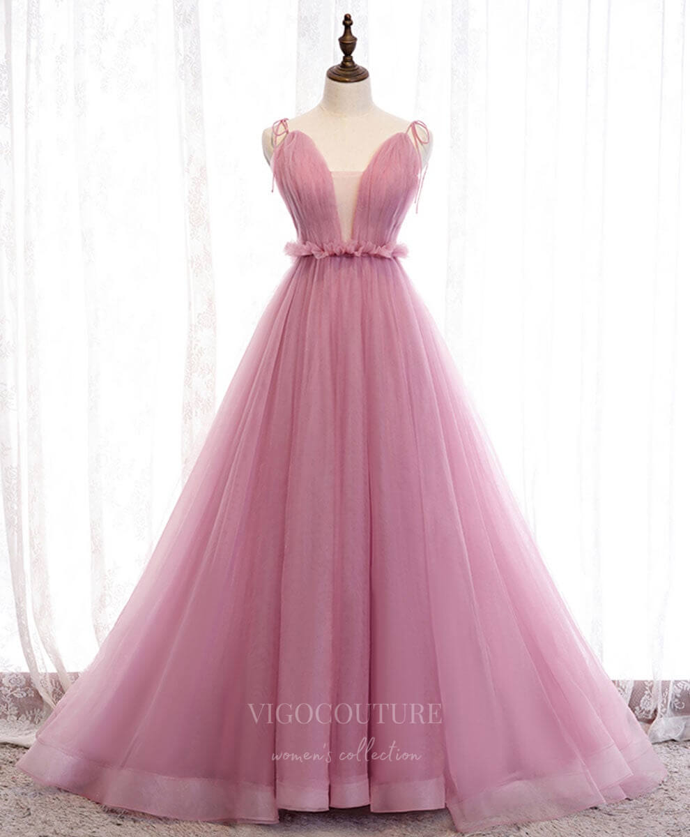 vigocouture-Pink Tulle Spaghetti Strap Plunging V-Neck Prom Dress 20910-Prom Dresses-vigocouture-