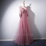 vigocouture-Pink V-Neck Lace Applique Prom Dress 2022 Half Sleeve Prom Gown-Prom Dresses-vigocouture-