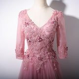 vigocouture-Pink V-Neck Lace Applique Prom Dress 2022 Half Sleeve Prom Gown-Prom Dresses-vigocouture-