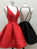 vigocouture-Plunging V-Neck Homecoming Dress Satin Hoco Dress hc021-Prom Dresses-vigocouture-Red-US2-