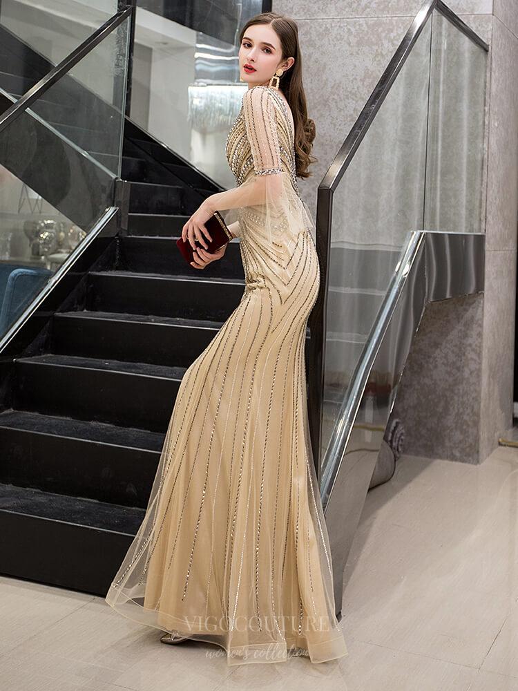 vigocouture-Plunging V-neck Mermaid Elbow Sleeve Beaded Prom Dresses 20090-Prom Dresses-vigocouture-