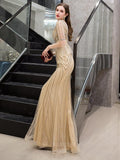 vigocouture-Plunging V-neck Mermaid Elbow Sleeve Beaded Prom Dresses 20090-Prom Dresses-vigocouture-