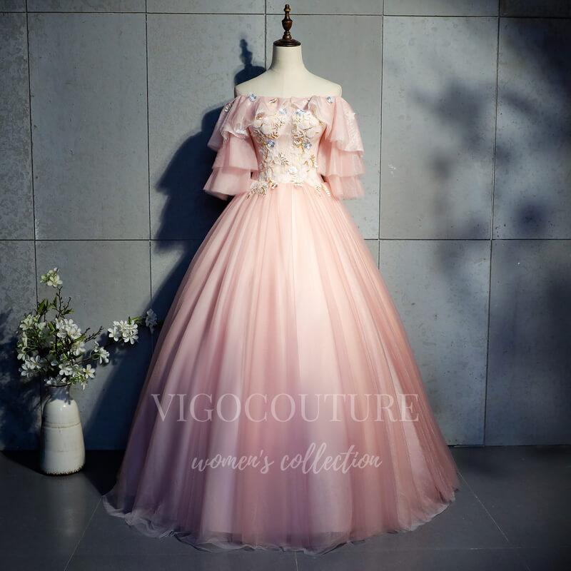 vigocouture-Blush Lace Applique Sweet 16 Dresses Off the Shoulder Ball Gown 20465-Prom Dresses-vigocouture-