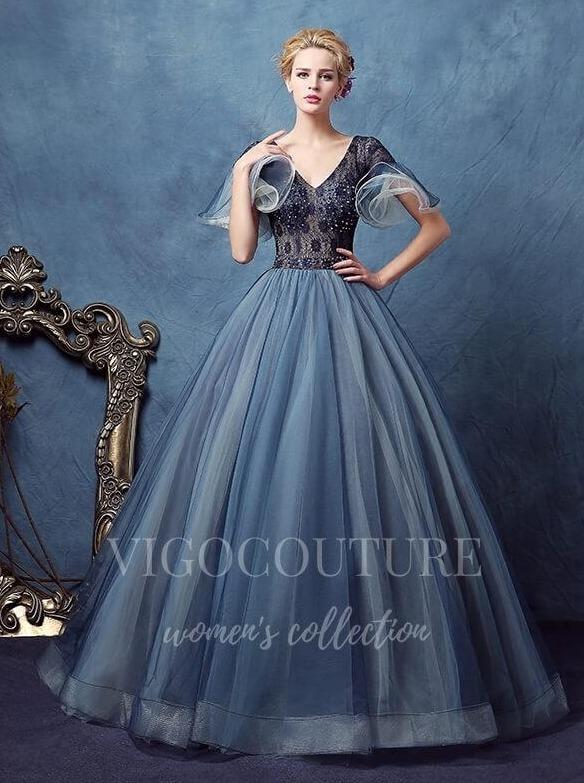 vigocouture-Dusty Blue Quinceañera Dresses Beaded Ball Gown 20432-Prom Dresses-vigocouture-