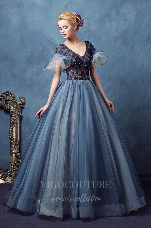 vigocouture-Dusty Blue Quinceañera Dresses Beaded Ball Gown 20432-Prom Dresses-vigocouture-