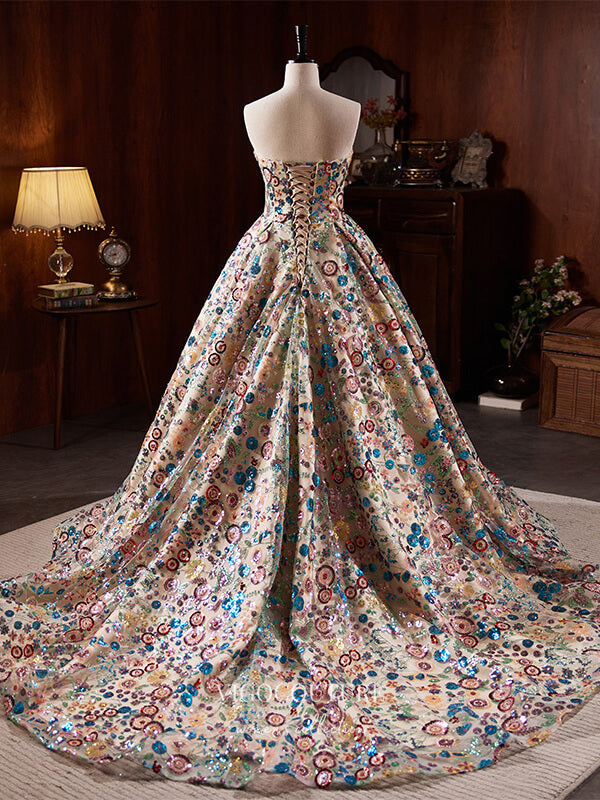 multi colored prom dress Luxury Strapless Ball Gown with Multicolored Sequin Floral Lace 22358 Blue / 16W
