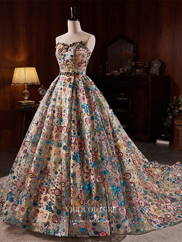 Luxury Strapless Ball Gown with Multicolored Sequin Floral Lace 22358 Blue / 16W Luxury Strapless Ball Gown with Multicolored Sequin Floral Lace 22358 Blue / 16W