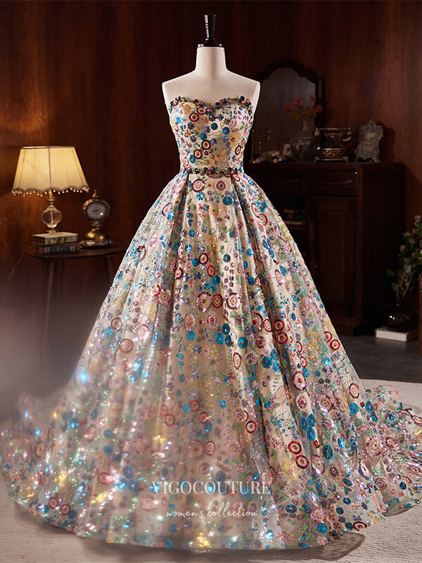 Luxury Strapless Ball Gown with Multicolored Sequin Floral Lace 22358 – vigocouture