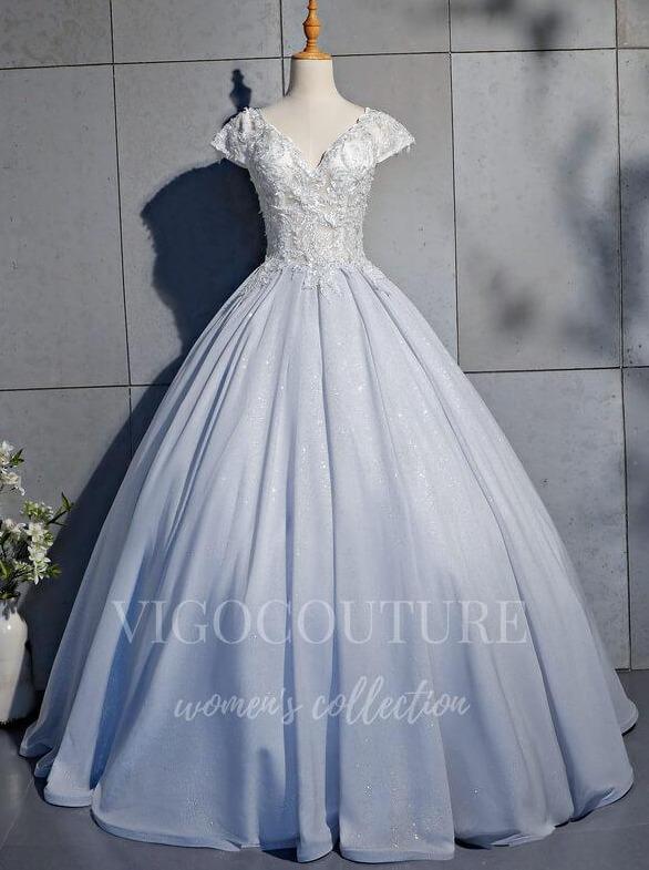 vigocouture-Silver V-Neck Quinceañera Dresses Lace Applique Ball Gown 20451-Prom Dresses-vigocouture-