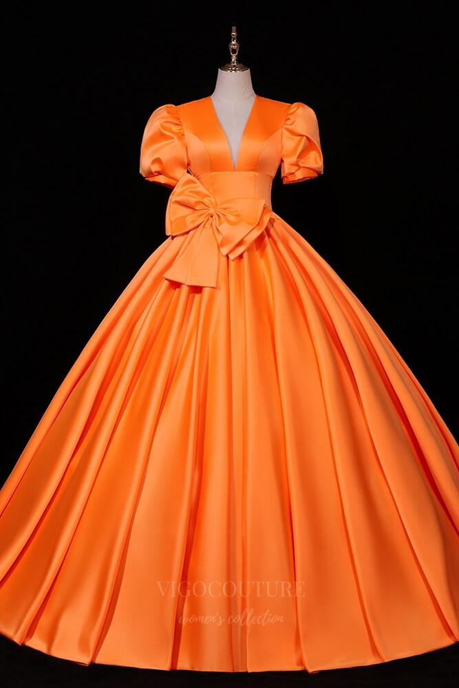 vigocouture-Puffed Sleeve Plunging V-Neck Prom Dress 20687-Prom Dresses-vigocouture-Orange-US2-