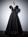 vigocouture-Puffed Sleeve Prom Dresses Plunging V-Neck Formal Dresses 21062-Prom Dresses-vigocouture-Black-US2-
