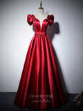 vigocouture-Puffed Sleeve Prom Dresses Plunging V-Neck Formal Dresses 21062-Prom Dresses-vigocouture-Burgundy-US2-