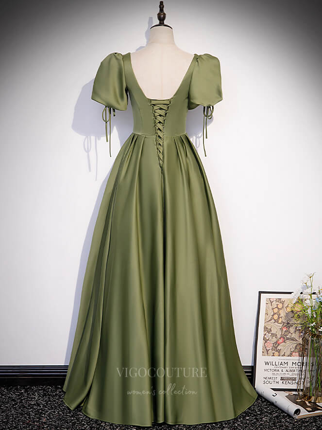 Dark Green Prom Dresses V-Neck Puffy Sleeves A-Line Evening Gown for Wedding