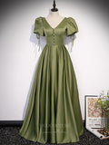 vigocouture-Puffed Sleeve Prom Dresses Satin A-Line Formal Dresses 20869-Prom Dresses-vigocouture-Green-Custom Size-