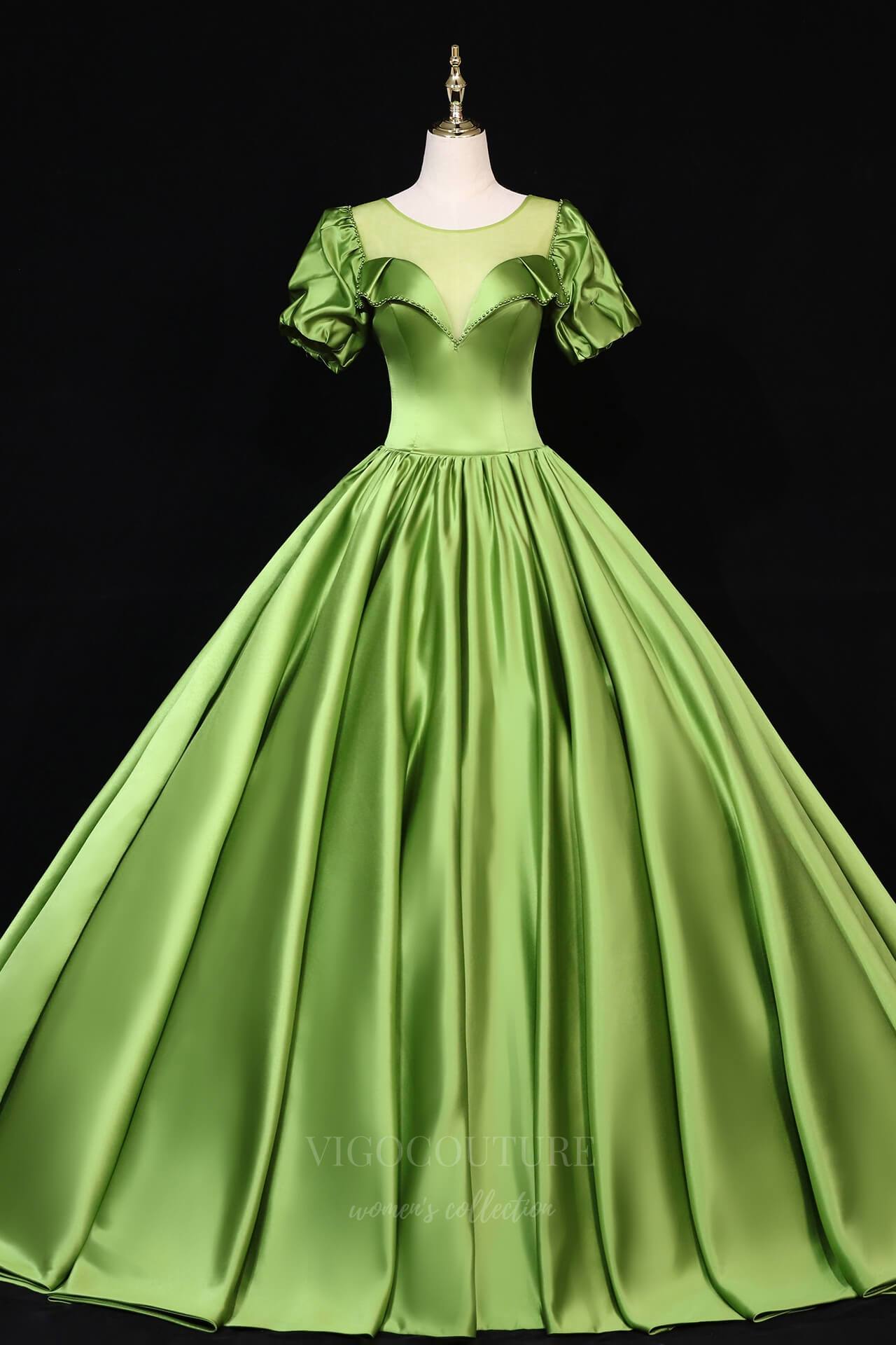 vigocouture-Puffed Sleeve Round Neck Prom Dress 20686-Prom Dresses-vigocouture-Green-US2-