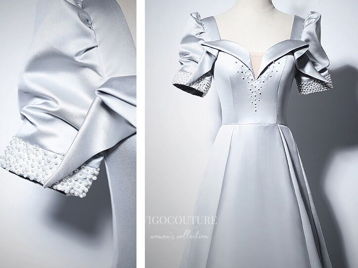 vigocouture-Puffed Sleeve Satin Prom Dresses Beaded Formal Dresses 21066-Prom Dresses-vigocouture-