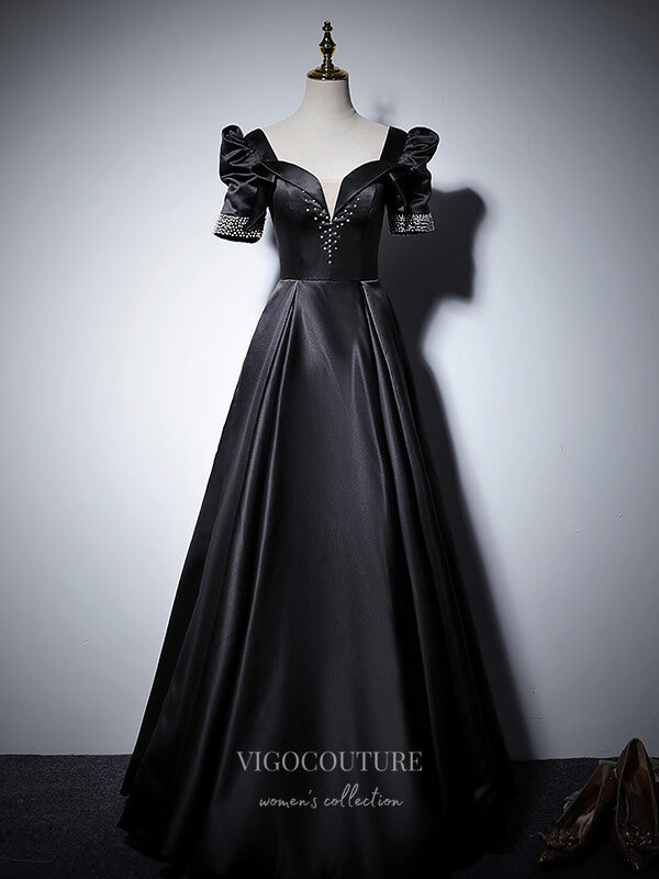 vigocouture-Puffed Sleeve Satin Prom Dresses Beaded Formal Dresses 21066-Prom Dresses-vigocouture-Black-Custom Size-