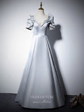 vigocouture-Puffed Sleeve Satin Prom Dresses Beaded Formal Dresses 21066-Prom Dresses-vigocouture-Silver-Custom Size-