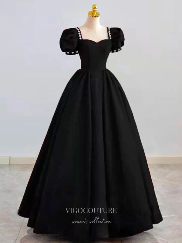 vigocouture-Puffed Sleeve Satin Prom Dresses Sweetheart Neck Formal Dresses 21051-Prom Dresses-vigocouture-Black-Custom Size-