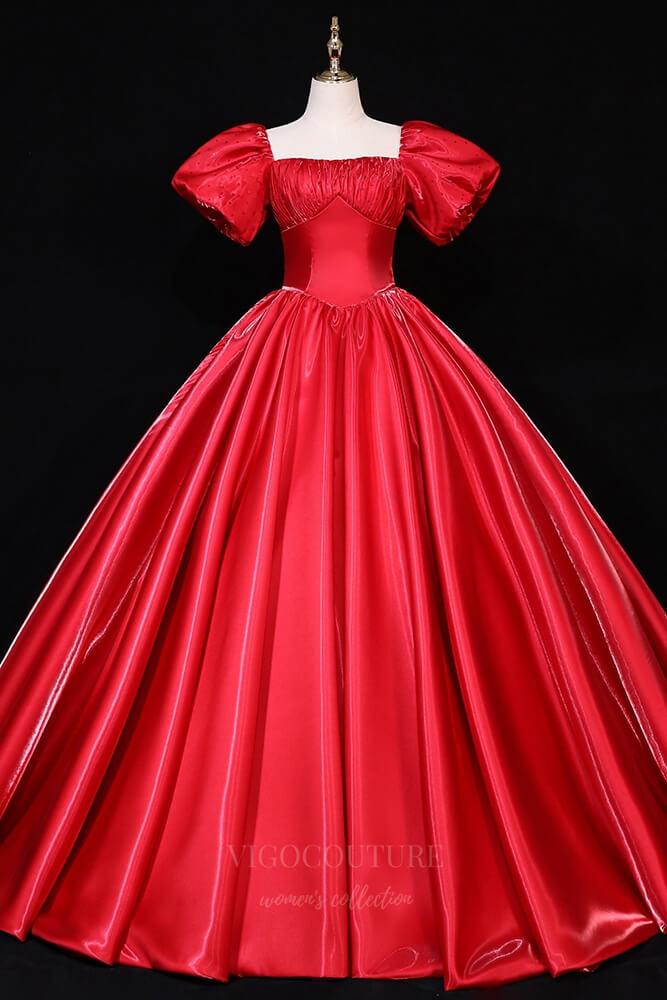 vigocouture-Puffed Sleeve Square Neck Prom Dress 20685-Prom Dresses-vigocouture-Red-US2-