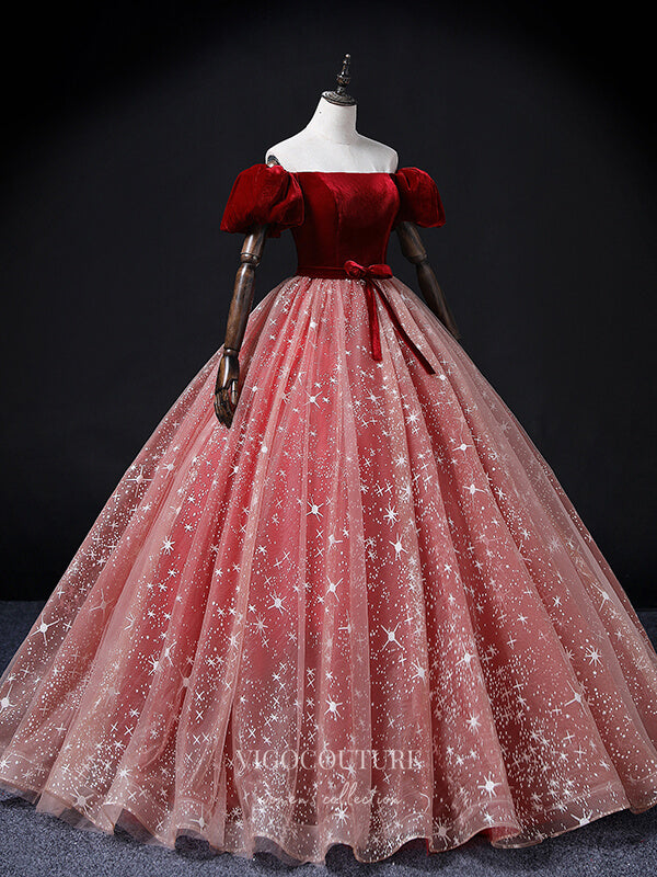 vigocouture-Puffed Sleeve Velvet Prom Dress Sparkly Tulle Princess Dresses 21361-Prom Dresses-vigocouture-