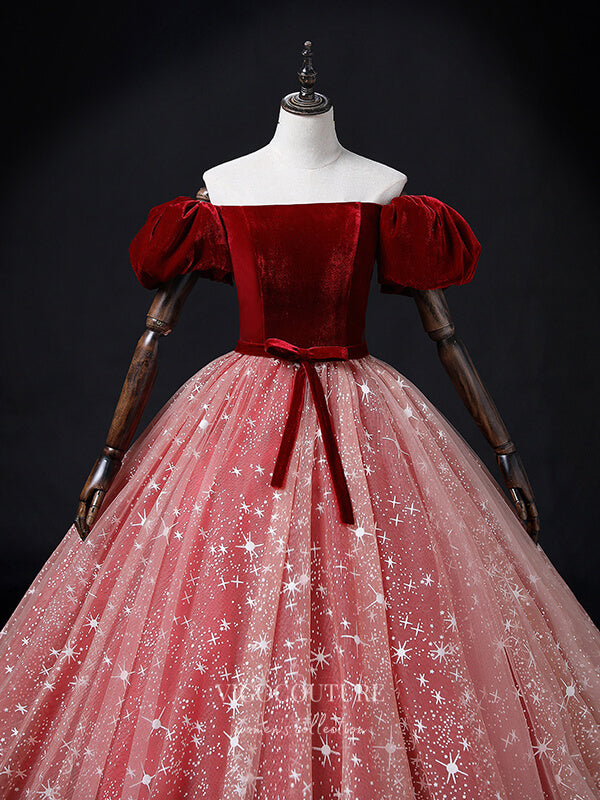vigocouture-Puffed Sleeve Velvet Prom Dress Sparkly Tulle Princess Dresses 21361-Prom Dresses-vigocouture-
