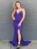 Purple Mermaid Sequin Prom Dresses with Slit Spaghetti Strap Evening Dress 21945-Prom Dresses-vigocouture-Purple-US2-vigocouture